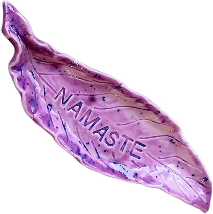 Purple Namaste Leaf Ring Dish, Handmade Ceramic Jewelry Plate, Inspirational Gifts for Her and Him -Stock Photo,Please Read Description