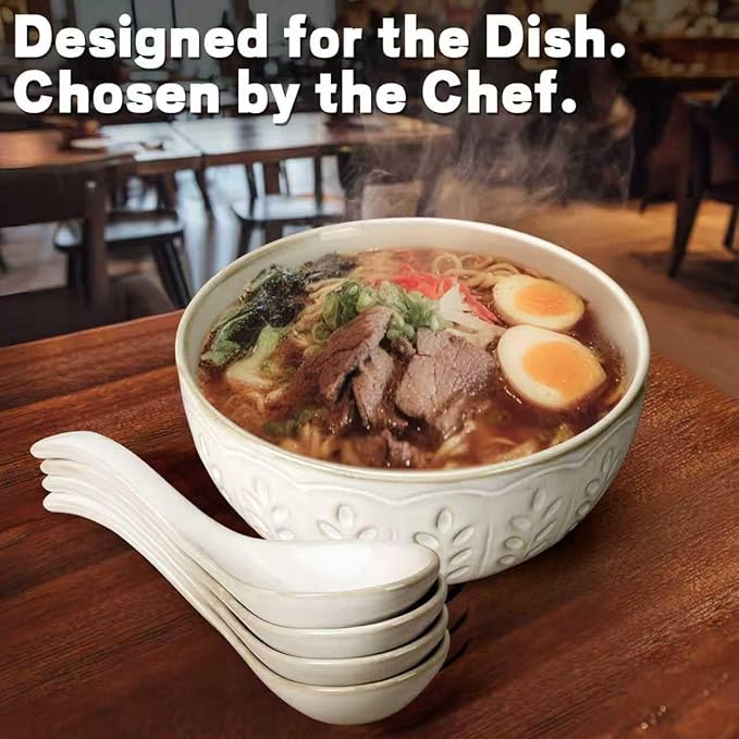 Artena Soup Bowls 32 OZ, Cereal Bowls Set of 4, White Embossment Ceramic Ramen Bowls for Dinner, Salad, Pho, Noodle, Pasta, Snacks, Dishwasher Microwave Safe, 6.3 Inch, Wheat Leaf (Pack of 2)