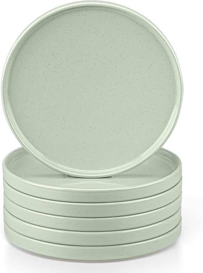Herogo 6 Piece 7.9 Inch Dinner Plates Set, Small Salad Dessert Plate Set, Microwave Safe Stoneware Dinnerware for Serving, Oven & Dishwasher Safe, Speckled Light Green