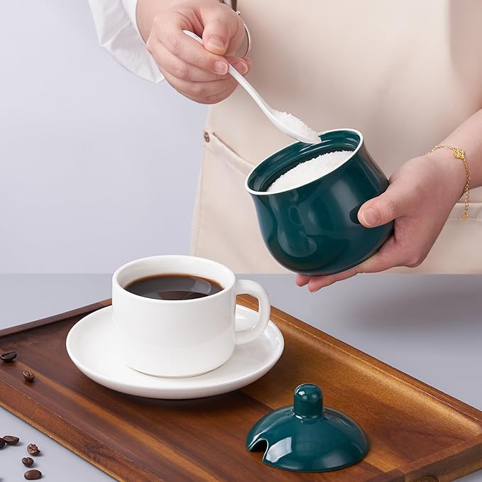Ceramic Sugar Bowl with Lid and Spoon, Green Porcelain Sugar Salt Pepper Storage Jar, 12 Ounces