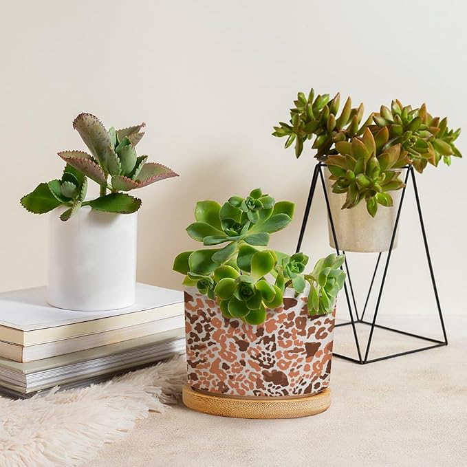 DreamAutumn Orange and Light Gray Leopard Ceramic Flower Pots,Gardening Plant Pot with Drainage Holes and Saucers Round Ceramic Pots for Indoor Plants Succulent Herbs Cactus Pots for Dad Papa Grandpa
