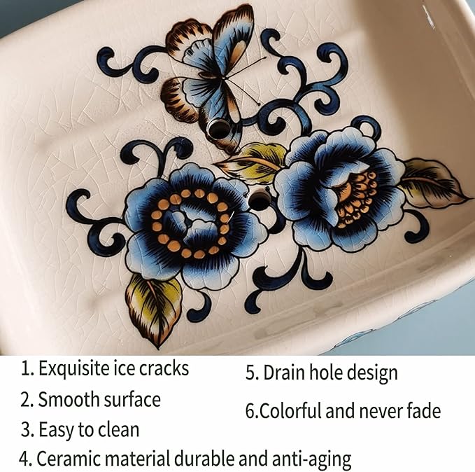 Kelake Ceramic Soap Dish Creative Ice Crack Ceramic Blue Butterfly and Flower Pattern Soap Dish Holder for Bathroom and Shower Soap Tray Box with Drain Gift for Mum Family