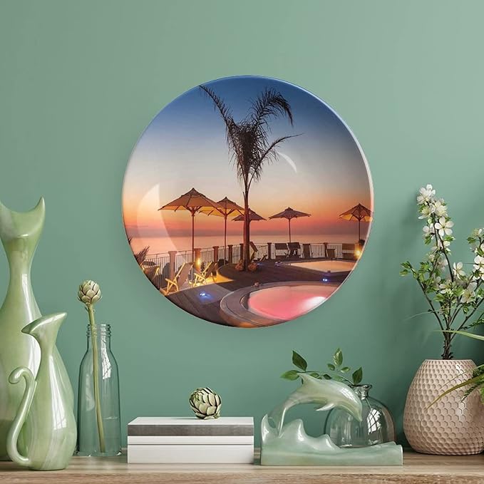 10 Inch Decorative Plate, House Decor Ceramic Craft, Summer Resort Place by the Sea at Evening Caribbean Print Ornament Display Plate for Dining Table Setting, Wedding Decoration, Christmas Tablescape