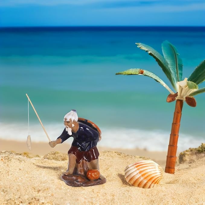 LUOZZY 2 Pcs Mini Fisherman Figurines Ceramic Fishing Statue Micro Landscape Ornament Asian Pottery Sculpture for Bonsai Zen Garden Decor