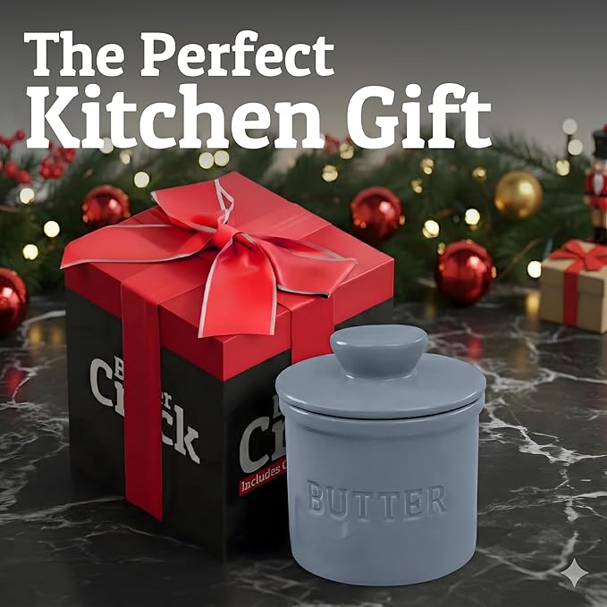 PriorityChef Butter Crock with Lid with Water Line, Ceramic French Butter Dish to Leave On Counter, Light Grey
