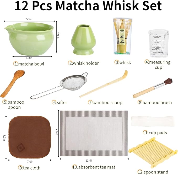 12 Pcs Matcha Whisk Set - Matcha Set Includes Ceramics Matcha Bowl and Cup, Matcha Kit for Ceremony Making Tools, Gift for Family/Friend （green）