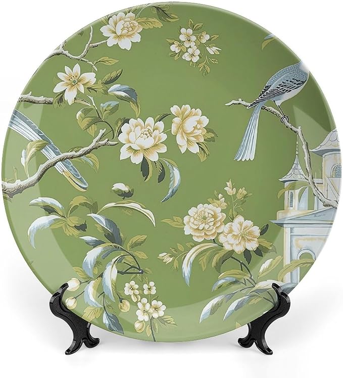 Pagoda Garden Imperial Green Chinoiserie Vintage Plates, Personalized Wall Hanging Decoration for Table Kitchen Club Decor, with Vertical Stand Art Decorations for Household Office
