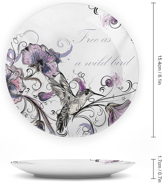 10 Inch Decorative Plate, Hummingbird Tableware Plate, Flowers Leaves Bird and Classic Print Ornament Display Plate for Dining Table Setting, Wedding Reception Decorations, Christmas Tablescape