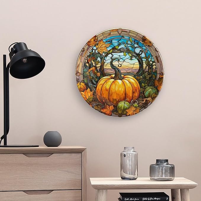 Decorative Plates, Fall Maple & Pumpkin Stained Glass Design Ceramic Dinner Plate Home Wobble-Plate with Display Stand, Wall Hanging Decor for Kitchen Household 10 Inch, Gifts for Thanksgiving