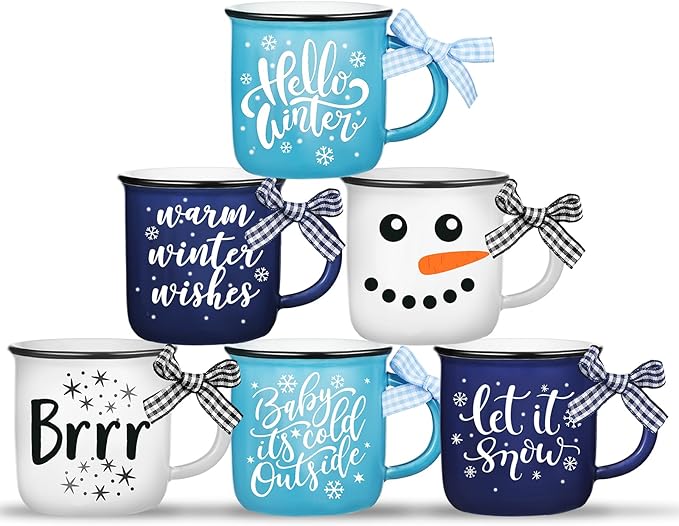 Hello Winter Snowman Mini Coffee Mugs Set of 6 Let It Snow Snowflake Mini Cups Tiered Tray Decor for Xmas Winter Holiday Kitchen Coffee Bar Decorations Housewarming Gift