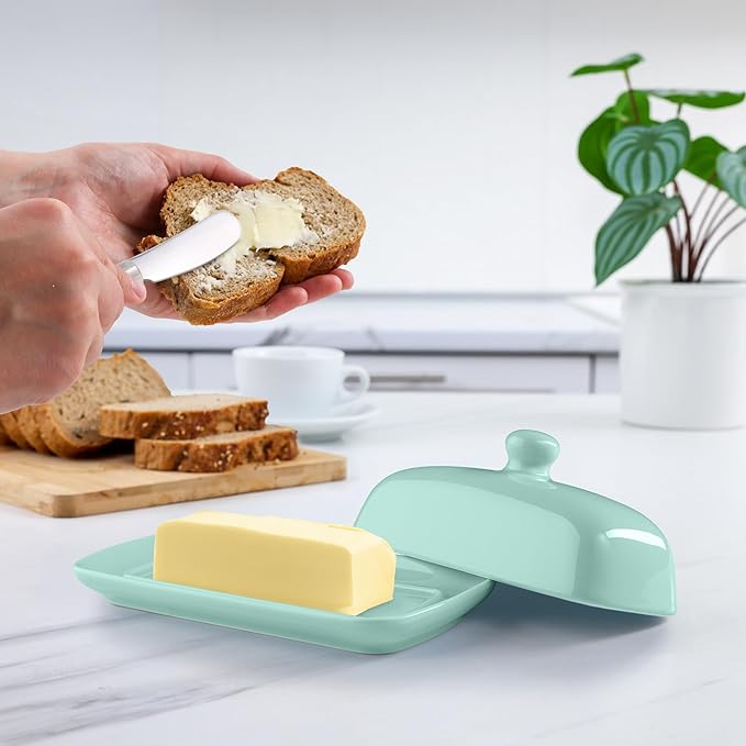 Zulay Butter Dish With Lid For Countertop - Porcelain Mint, Ceramic Butter Dish with Knob Handle Great for Cooking - Elegant Design Butter Holder - Durable & Sturdy Butter Keeper - Mint