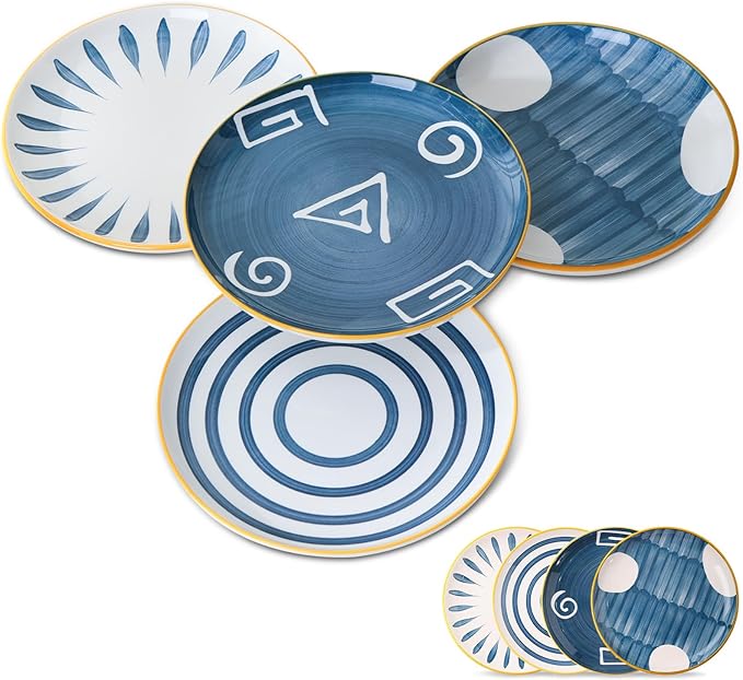 Yeacccng Japandi Dinner Plates Set of 4, 8 Inch 10 Oz Blue Striped Ceramic Plates, Shallow Salad Plates, Lead-Free Cadmium-Free, Dishwasher Microwave Oven Safe, Scratch-Resistant Serving Plates