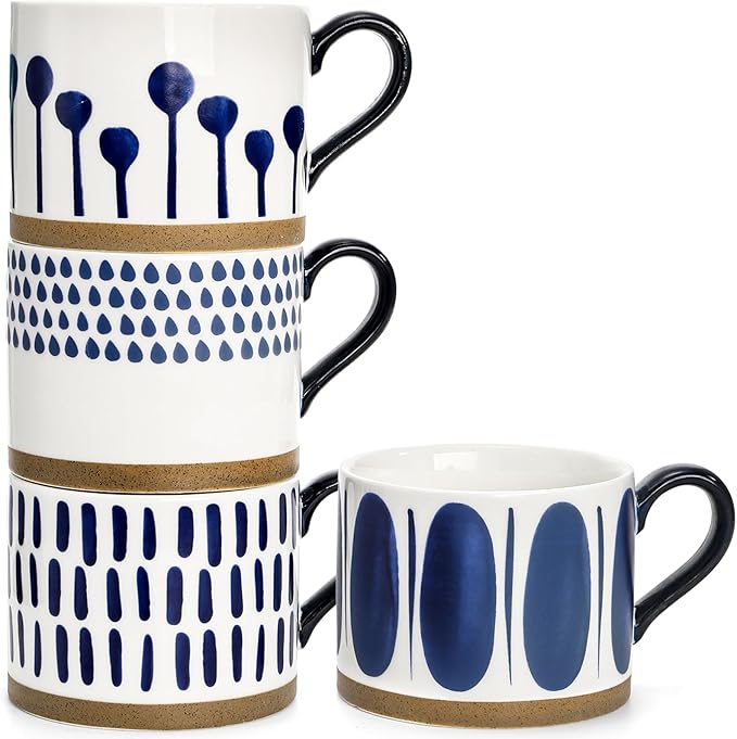 SOUJOY Set of 4 Large Ceramic Coffee Mugs, 15 Oz Hand Painted Coffee Cups with Handles, Vintage Glazed Porcelain Soup Mugs for Tea, Hot or Cold Drinks, Best Gifts for Birthday, Thanksgiving, Christmas