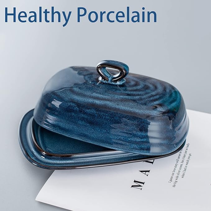 Hasense Butter Dish with Lid, Ceramic Butter Dish with Knife for Countertop with Covered, Large Butter Keeper Handle Design, Blue