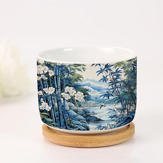 Blue and White Asian Scenery Ceramics Plant Pot Set of 1 Blue Bamboo and Flower Cactus Planter for Indoor with Drainage Holes Asian Scenery Chinoiserie Small Ceramics Pots for Plants