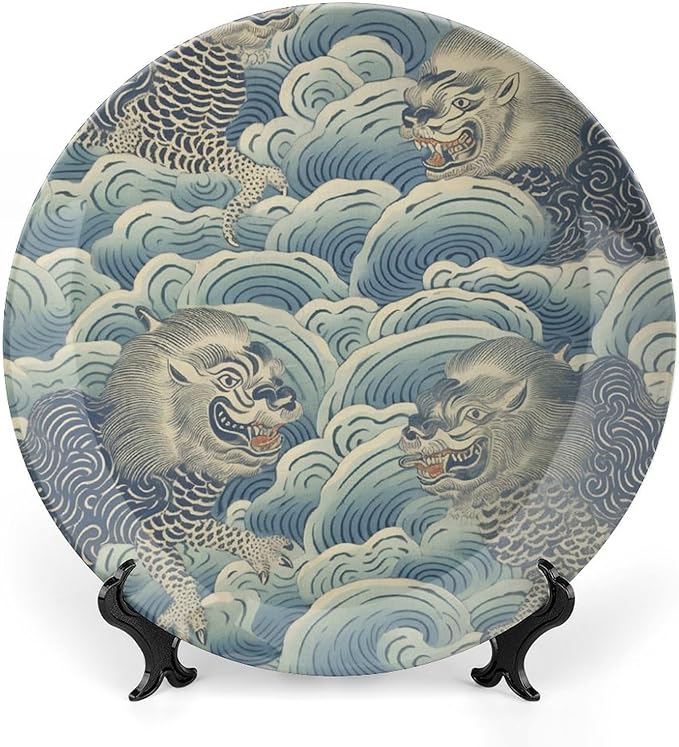Blue Tibet Tiger Plates Ceramic of 6", 7", 9", 10", Customize Dinner Plates, Home Household Decorations Housewarming Gifts, 1 Plate with 1 Display Stand