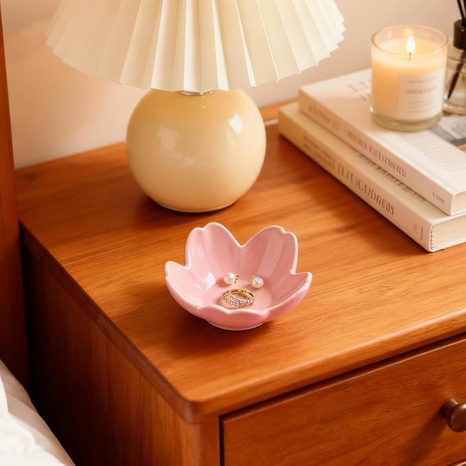 Pink Flower Ring Dish Ceramic Jewelry Tray, Small Trinket Dish Ring Bowl Jewelry Holder Organizer for Vanity/Bathroom/Nightstand, Birthday/Xmas/Engagement Gift for Women/Best Friends/Bride