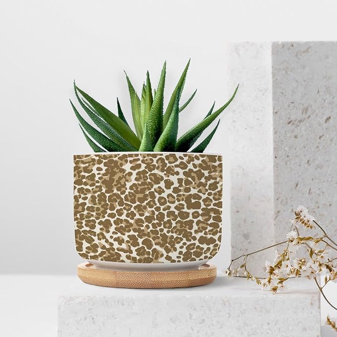 Leopard Brown and Planter Ceramic African Tribal Animal Print Round Flower Pot with Drainage Holes and Bamboo Tray Pot for Indoor Outdoor Garden