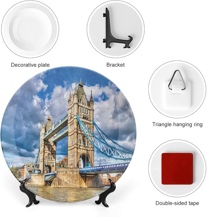 6 Inch Decorative Plate, London Ceramic Craft, Historical Tower Bridge on River London UK British Day Time Print Ornament Display Plate Decor Accessory for Dining, Parties, Wedding, Multicolor