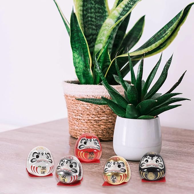 Japanese Ceramic Tumbler Figurine Set 5pcs Miniature Lucky Charm Ornaments for Car Interior and Home Decor, Gold Electroplated Collectible Statue for Wealth and Prosperity