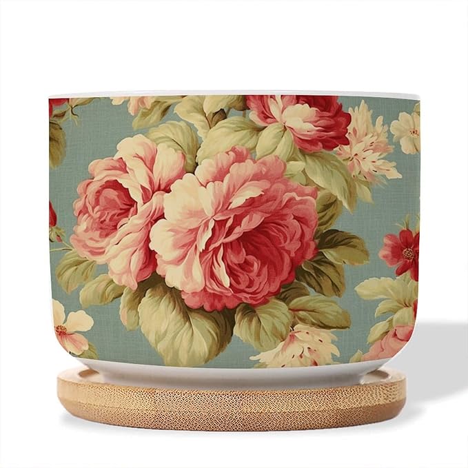 5 Piece Ceramics Planter Pink Cabbage Roses Romantic Small Pots for Succulents Cottage Chic Antique Pink Flower Houseplant Pot for Succulent Japanese Chinoiserie Plant Pot