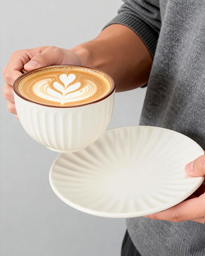 11.5oz Ceramic Cappuccino Cup and Saucer Set,Large Coffee Cup with Saucer for Latte Art,Professional BaristaPorcelain Mug for Home,Cafe,Office,Microwave & Dishwasher Safe,Gift for Coffee Lovers