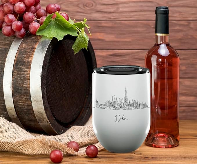Dubai Skyline Wine Tumbler, Asia Skyline 12oz Wine Tumbler, Custom Wine Tumblers Gift For Birthday, Spill Resistant Tumblers for Women, Personalized Wine Tumbler