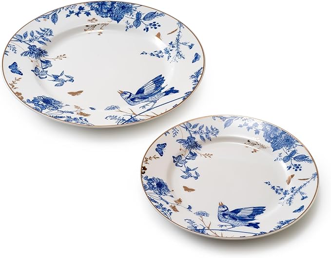 Porcelain Dinner Plates 4 Pieces, Floral Plates 8 Inch & 10 Inch Ceramic Dessert Plate Blue and White Floral Dinnerware Set Salad Plate Set for Kitchen Dishes for Appetizer, Salad, Steak, Pancakes