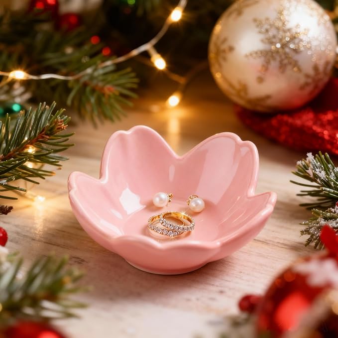 Pink Flower Ring Dish Ceramic Jewelry Tray, Small Trinket Dish Ring Bowl Jewelry Holder Organizer for Vanity/Bathroom/Nightstand, Birthday/Xmas/Engagement Gift for Women/Best Friends/Bride