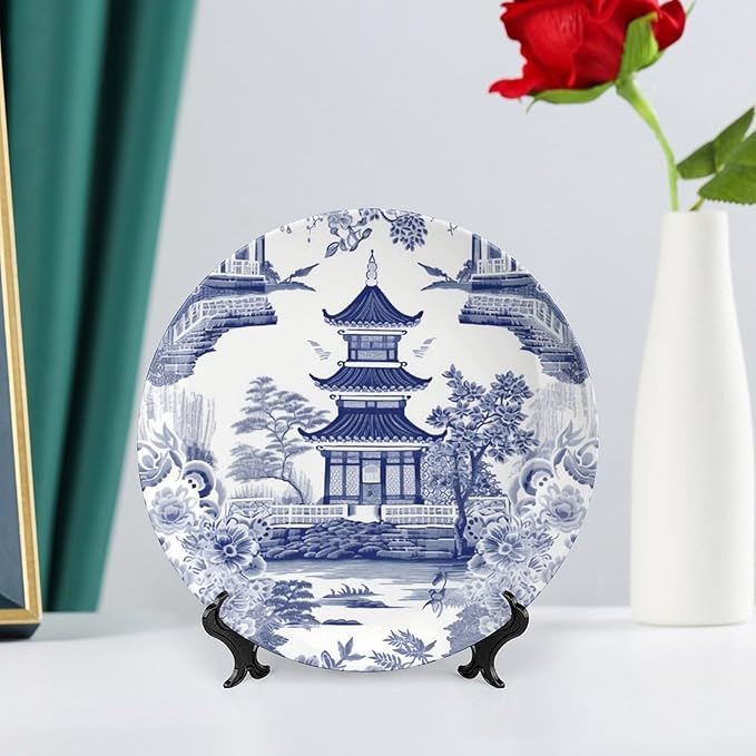 Chinoiserie Blue Asian Pagoda China Plates for Display Festival Wedding Supplies Wall Farmhouse Holiday Party Decorations Personalized Gifts for Men Women Christmas, 6", 7", 9", 10"