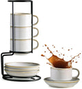 Gomakren 2.5 Ounce Espresso Cups Set of 4, Small Stackable Coffee Cups with Saucers and Metal Stand, Valentine Porcelain Demitasse Cups for Specialty Coffee Drinks, Espresso, Cappuccino, Latte, White