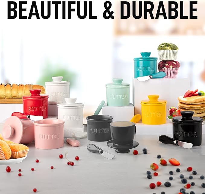 Zulay Kitchen Bell Shaped Butter Crock with Lid for Countertop with Water Line & Spreader Knife, Ceramic French Butter Dish Keeper For Fresh, Soft & Spreadable Butter - Gray