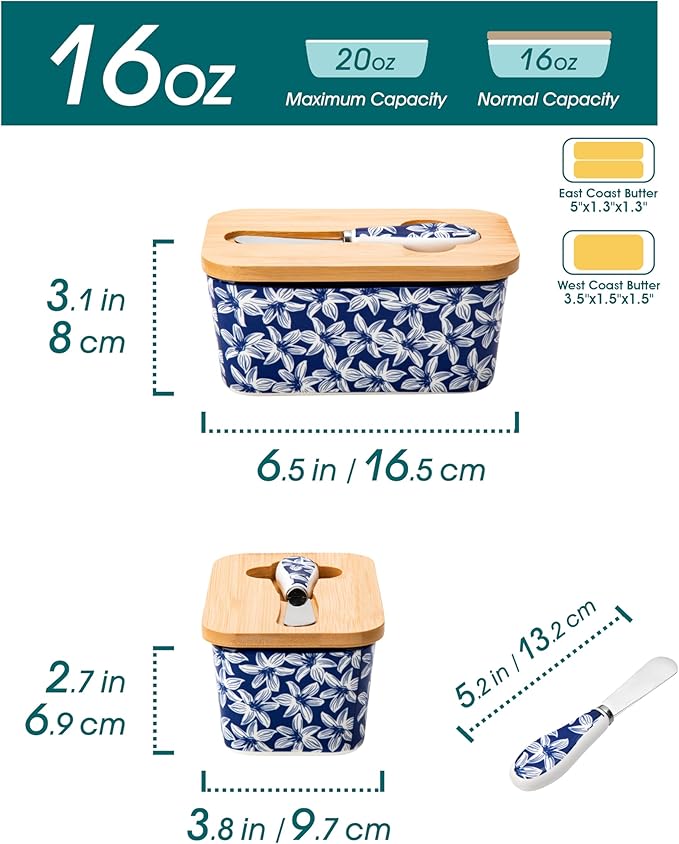 vancasso SELENE Butter Dish with Lid, 6.5" Large Butter Dish for Countertop, Ceramic Butter Keeper Container with Knife and Bamboo Lid, Blossom Cluster Pattern