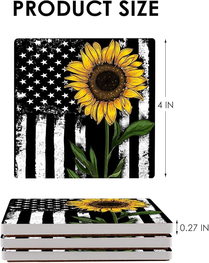 wonlex Ceramic Coasters Absorbent for Drinks, Sunflower Coaster with Cork Base for Coffee Table, Housewarming Gift for Family and Friends, Home Decor, 4 Pack (Black Sunflower)