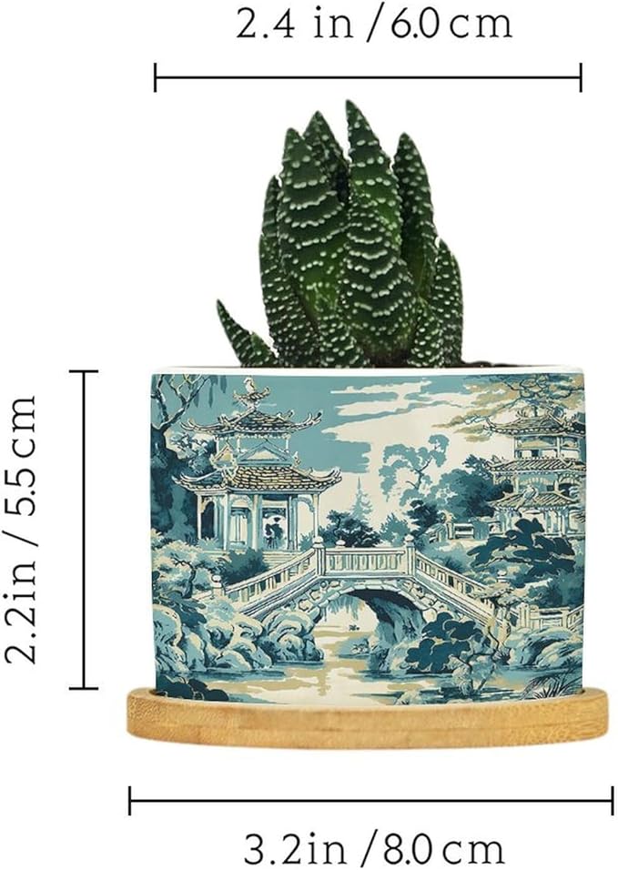 DreamAutumn Chinoiserie Blue and White Porcelain Pattern Ceramic Flower Pots,Gardening Plant Pot with Drainage Holes and Saucers Round Ceramic Pots for Indoor Plants Succulent Herbs Cactus Pots