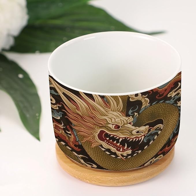 Antique Chinoiserie Dragon Ceramics Pots for Plants Set of 2 Dragon Gold Oriental Style Asian Flower Pot Planter with Drainage Bamboo Trays Chinoiserie Small Ceramics Plant Pot