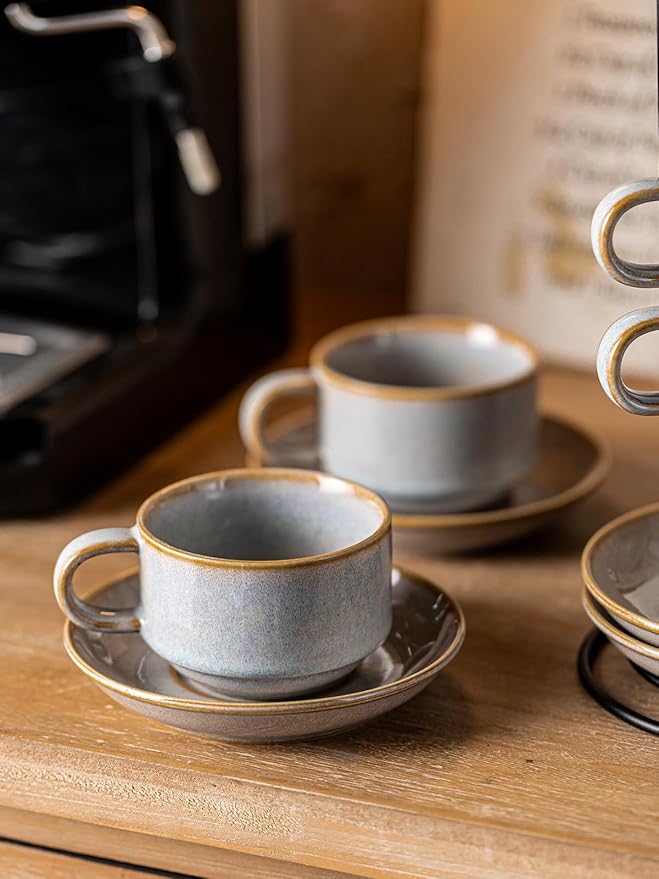 Gomakren 6 Ounce Cappuccino Cups with Saucers and Metal Stand, Stackable Coffee Cup Set of 4, Valentine Porcelain Espresso Cups for Coffee Drinks, Cappuccino, Latte, Americano, Tea, Gray