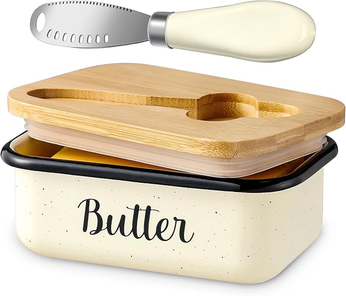 LANDNEOO Butter Dish with Lid and Butter Curler Knife, Unbreakable Metal Keeper Container Double Silicone Sealing, Speckled White, 6.2'L x 4.2' W x 2.2' H, 2 Sticks Capacity, Stainless Steel, Bamboo