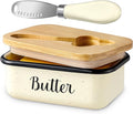 LANDNEOO Butter Dish with Lid and Butter Curler Knife, Unbreakable Metal Keeper Container Double Silicone Sealing, Speckled White, 6.2'L x 4.2' W x 2.2' H, 2 Sticks Capacity, Stainless Steel, Bamboo