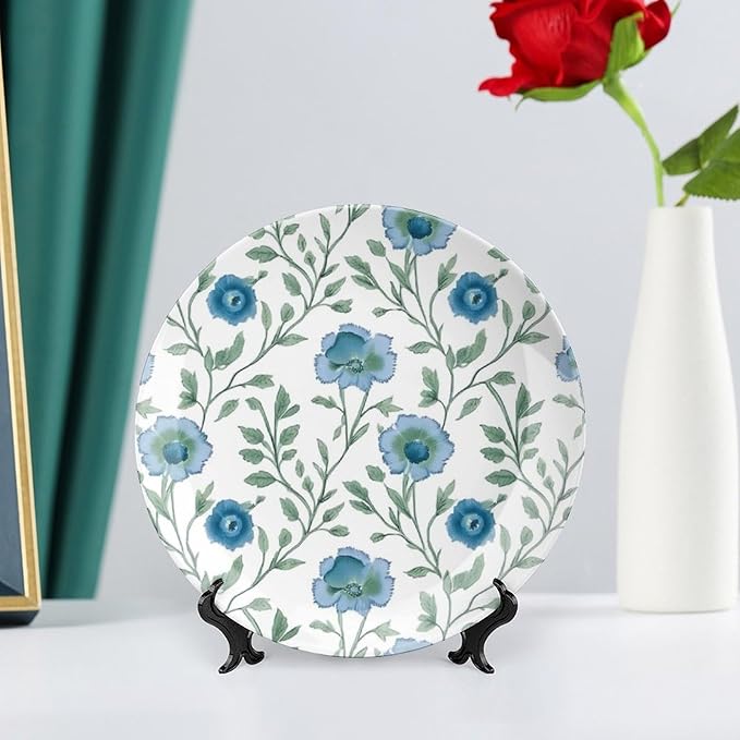 Blue Mughal Flower Decorative Plate, Customize Dinner Plates for Wedding Kitchen Housewarming Gifts Decor, 1 Plate with 1 Display Stand Art Decorations for Home Office