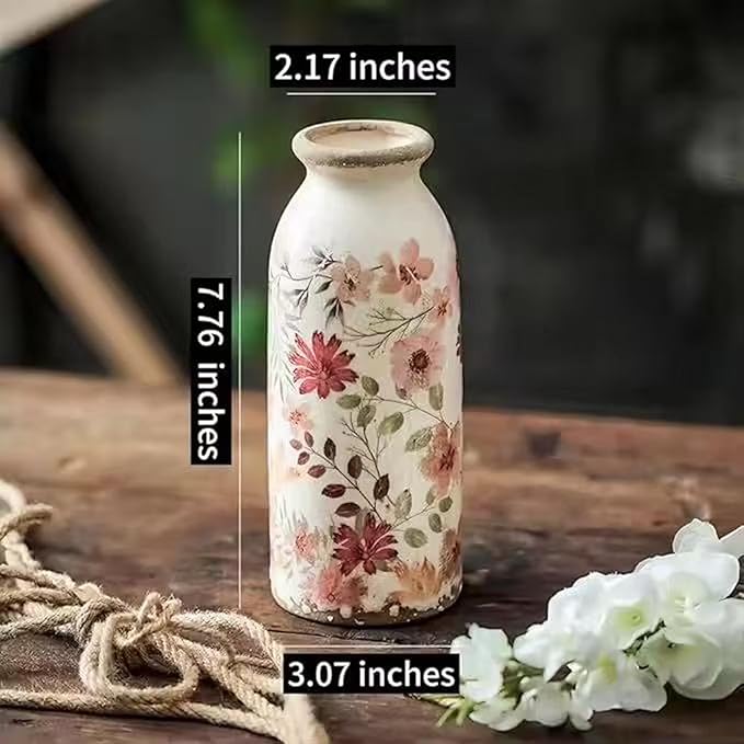 Small Rustic Ceramic Flower Vase - Farmhouse Vase for Flowers,Vintage Vases for Home Decor,Farmhouse Decorative Vases for Living Room,Kitchen,Bedroom,Bathroom and Entryway Mantel