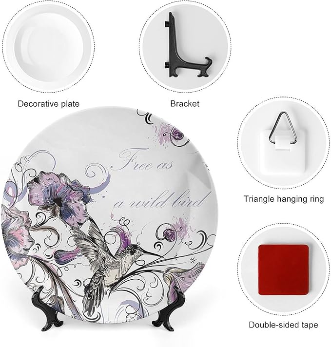 XISUNYA 7 Inch Decorative Plate, Hummingbird Ceramic Stoneware, Flowers Leaves Bird and Classic Print Ornament Display Plate Decor Accessory for Dining, Parties, Wedding