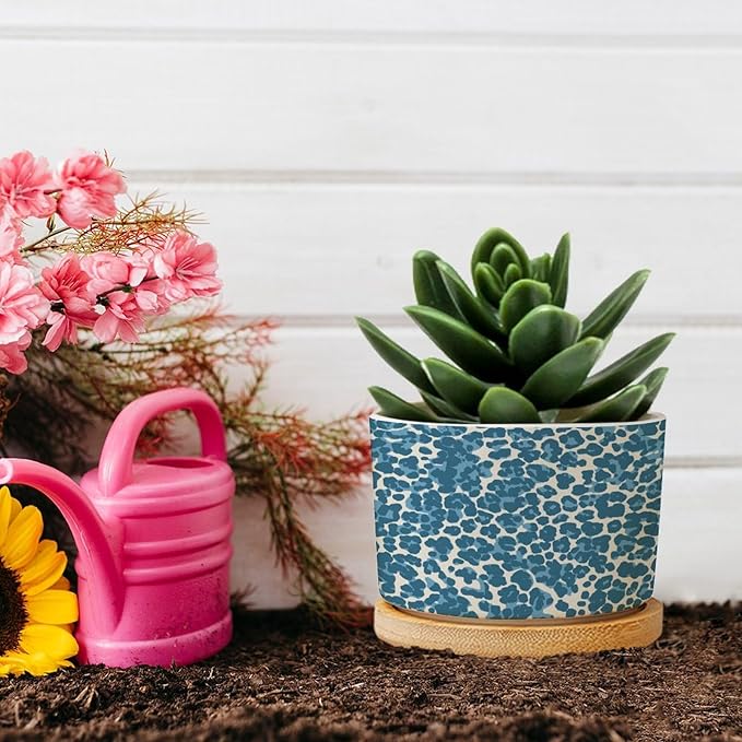 Leopard Blue and Beige Ceramic Planters African Tribal Animal Print Snake Plant Live Indoor with Pot with Drainage Holes and Saucers Pot for Succulents Cactus Garden Windowsill