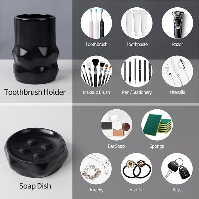 BosilunLife Modern Ceramic Bathroom Accessories Set, Bathroom Counter Set Matte Black Bathroom Decor Sets Accessories Bathroom Lotion Soap Dispenser, Toothbrush Holder Set, Soap Dish, Apothecary Jars