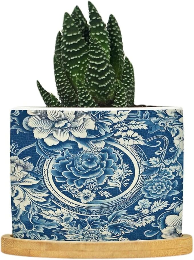 DreamAutumn Chinese Style Chinoiserie Blue and White Porcelain Floral Ceramic Pots for Plants with Drainage Holes Round Flower Pot Bamboo Tray Orchid Pot Succulents Pots for Outdoor Indoor Plants