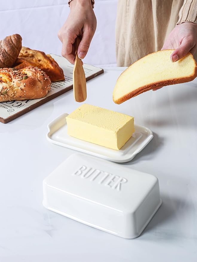 Porcelain Covered Butter Dish with Lid for Countertop Butter Holder Container for One Stick of Butter. Textured Tray Butter Keeper for Non Slip Storage-White Small