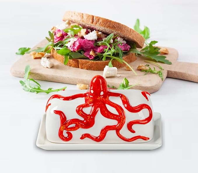 Octopus Butter Dish With Lid For Countertop Ceramic Butter Dish With Cover Red Butter Tray With Lid Butter Holder Large Butter Container For Counter