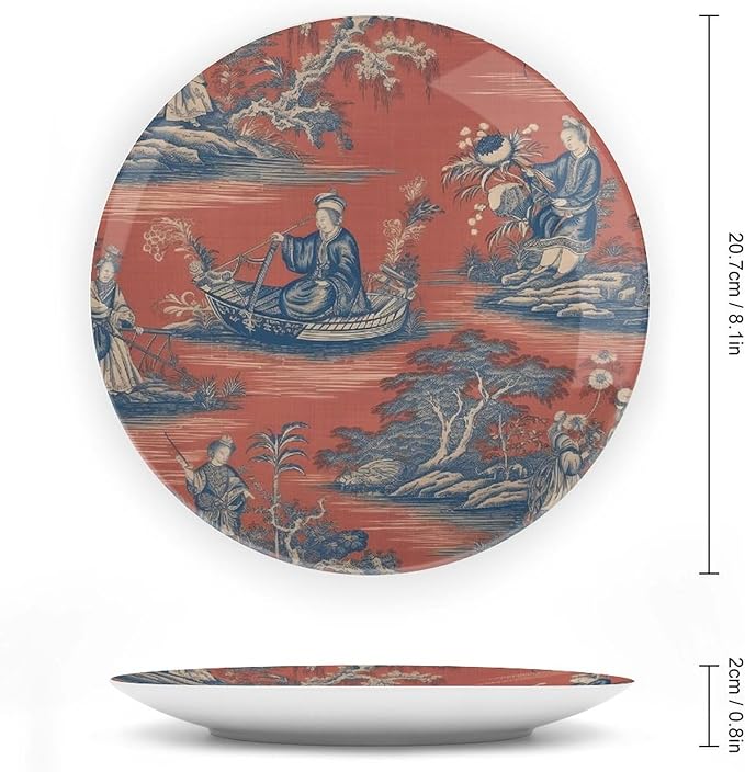 Cheng Toile Dynasty Red Chinoiserie Ceramic Decorative Plate of 6", 7", 9", 10", Personalized Hanging Decorative Tiles, Display Household Decorations Office, with Vertical Stand