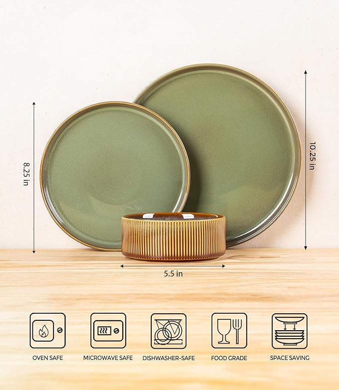 TheTerra Ceramic Dinnerware Sets for 8, 24 Pieces Porcelain Lightweight Plates and Bowls Sets, Scratch Resistant Dish Set, Oven & Microwave & Dishwasher Safe, Sage Umber