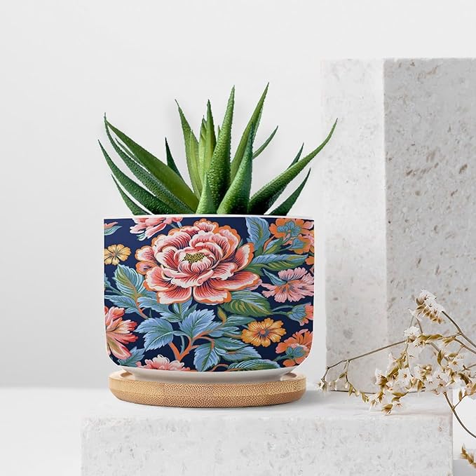 Bright and Chinoiserie Planters Ceramic Coral Peony Floral Round Flower Pot with Drainage Holes and Bamboo Tray Pot for Home Office Decoration